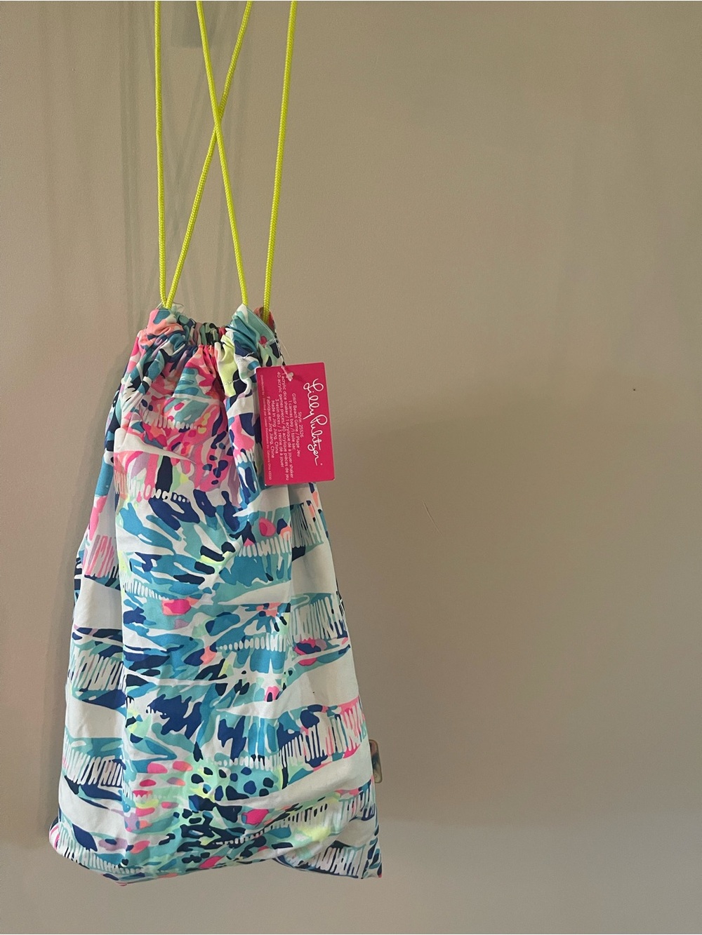 Lilly Pulitzer Drawstring Backpack - Aqua, Blue, Pink & Neon Yellow with Games